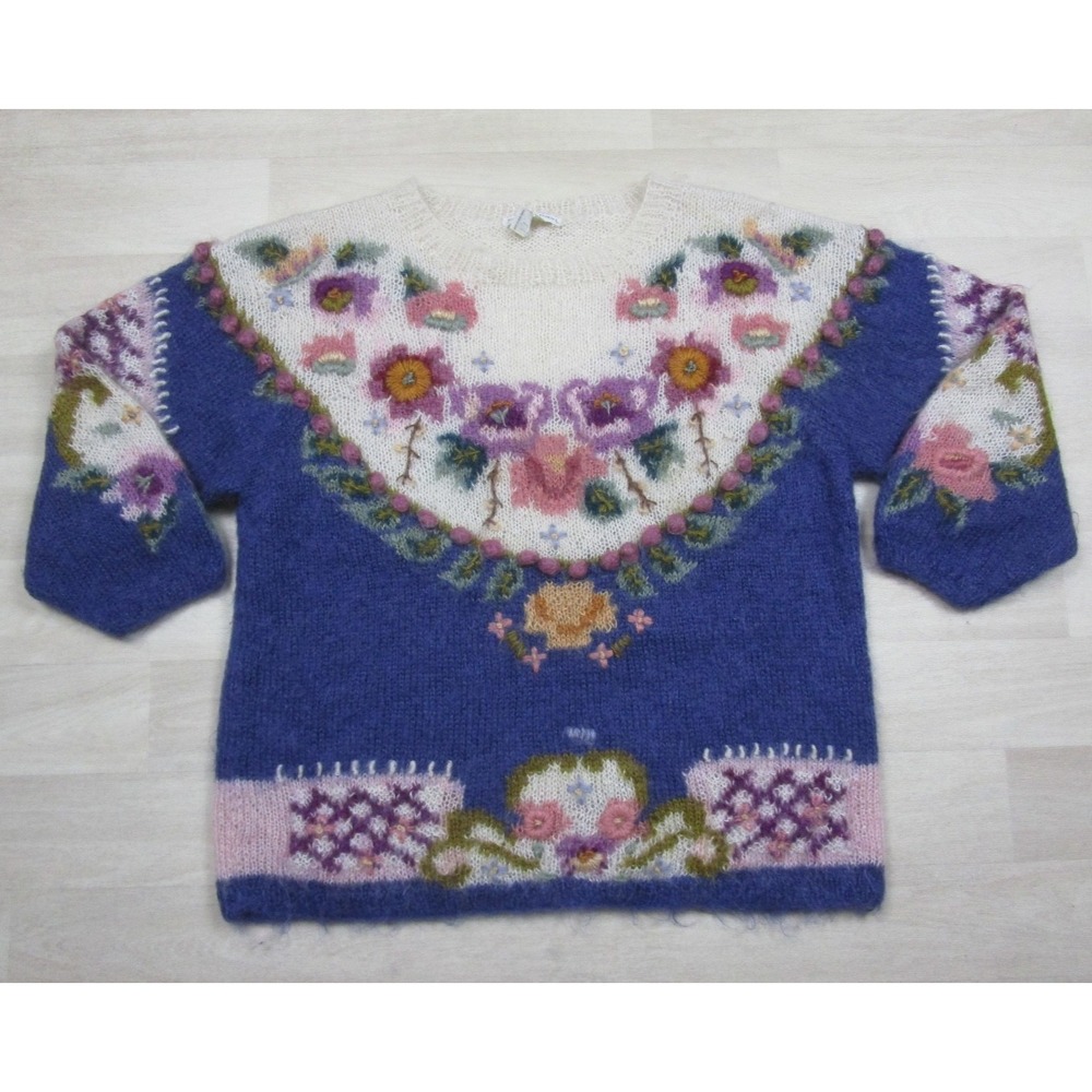 Vintage 80s Jennifer Reed Mohair Blend Sweater Womens (L) Floral Whimsical